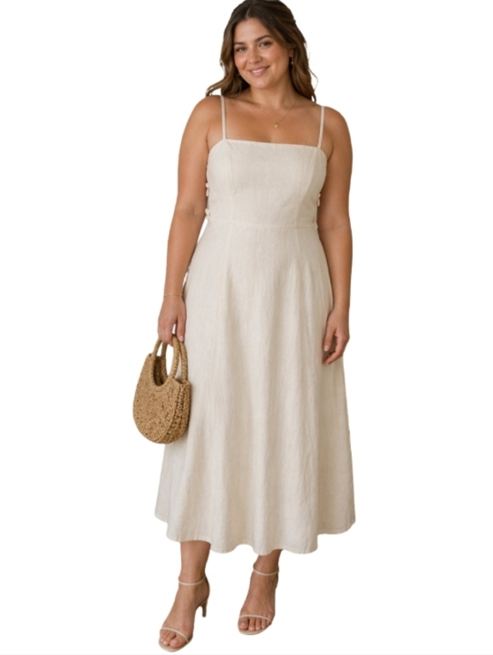 WAYF‎ NWT Linen Blend Midi Dress Cream Bow Sides Cutout Cottagecore Large